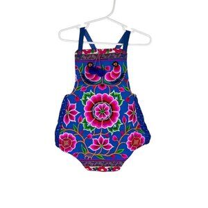 Liboosha Bohemian Romper 2M Blue Floral Eclectic Lush Vintage Hand Woven Hippie
